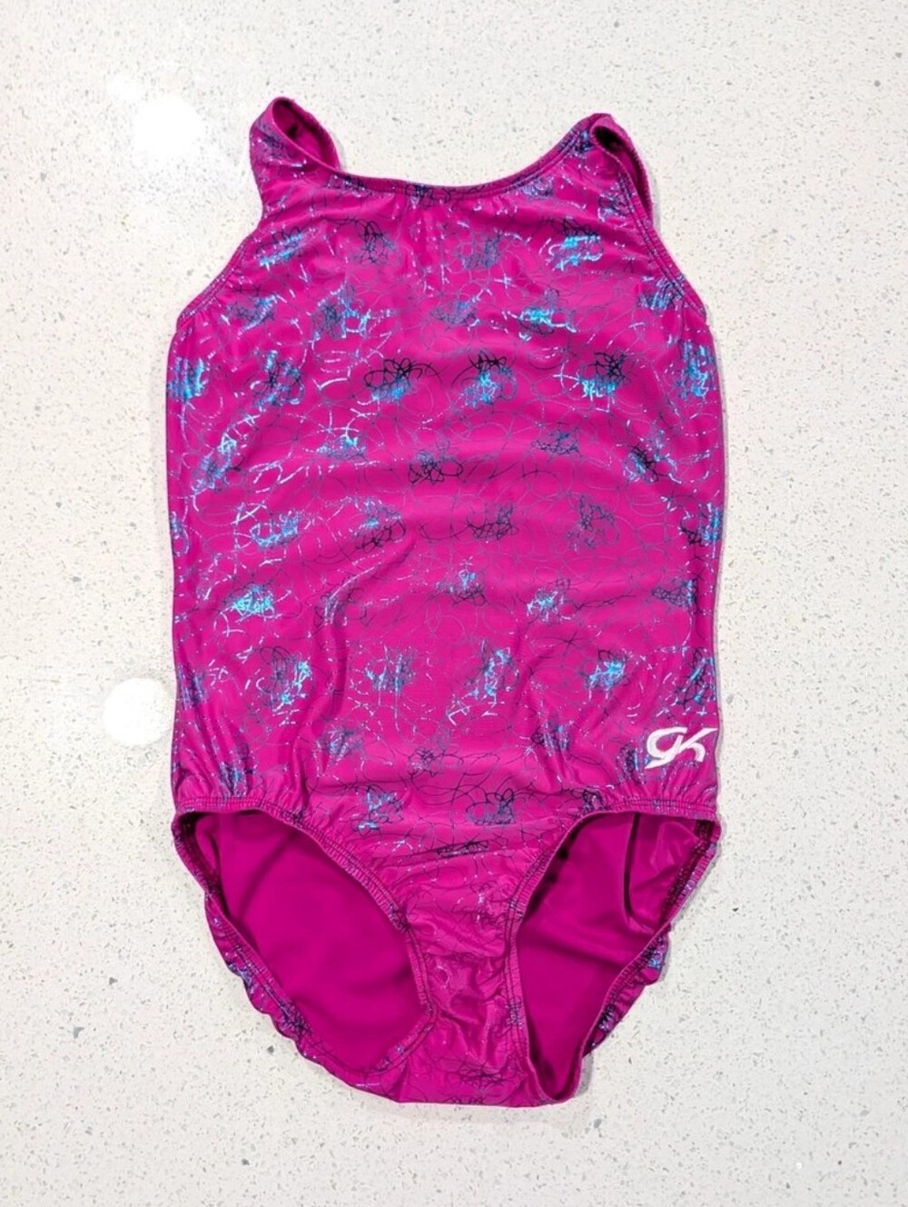 CUTE GK Elite Gymnastics Dance Leotard Adult Medium MAGENTA Teal SWIRLS defect